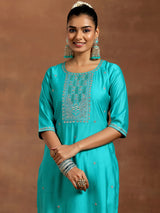 Women's Teal Blue Embroidered Straight Kurta and Teal Blue Solid Trouser with Blue Self Design Dupatta