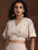 Women's Pink Floral Embroidered Georgette Crop Top with Embroidered Hem Palazzo and Solid Dupatta