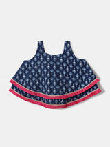 Girls Blue Cotton Festive Printed Kurta and Dhoti Set with Sling