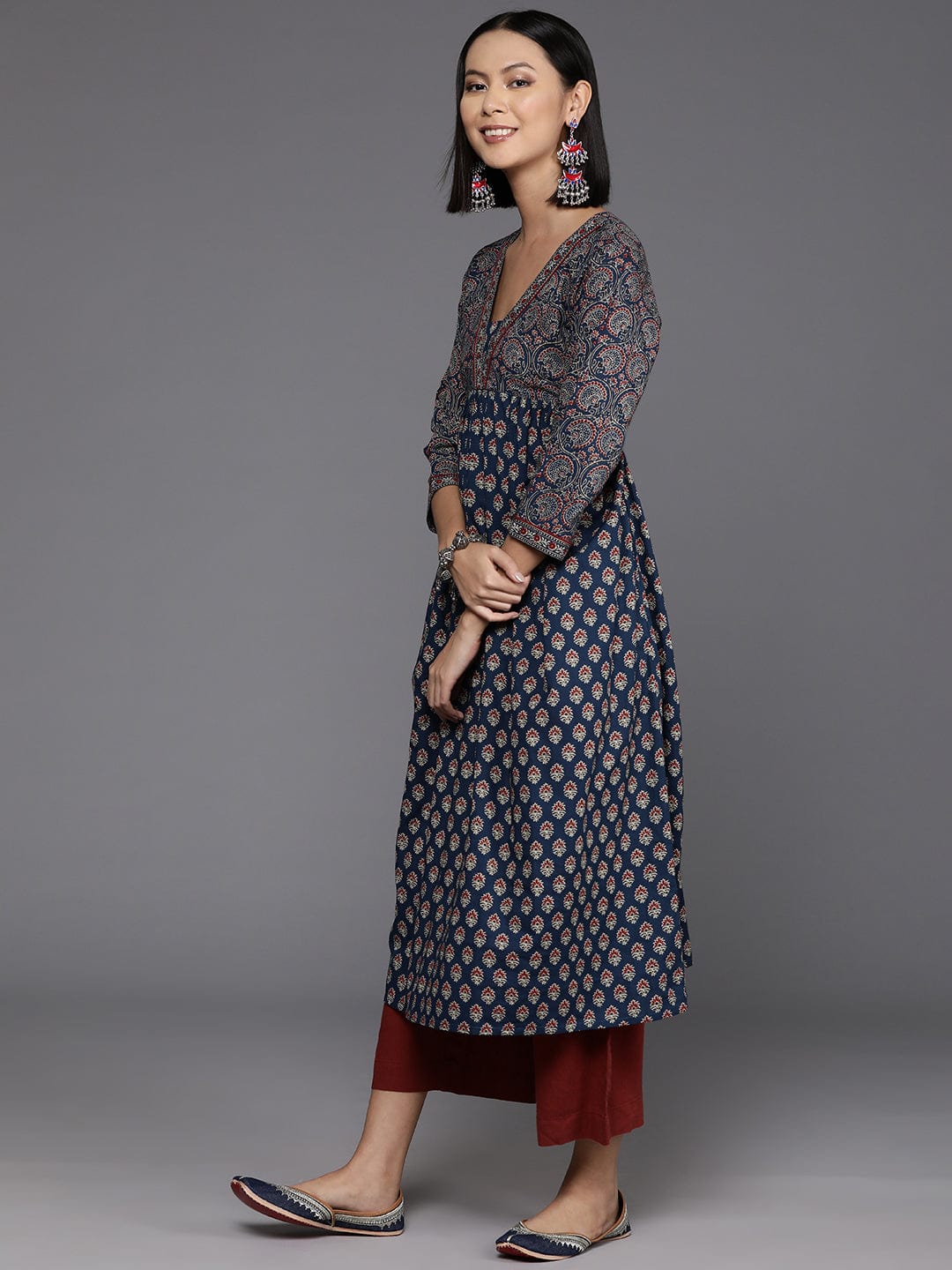 Women's Blue And Maroon Bandez Printed Anarkali Kurta