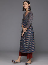 Women's Blue And Maroon Bandez Printed Anarkali Kurta