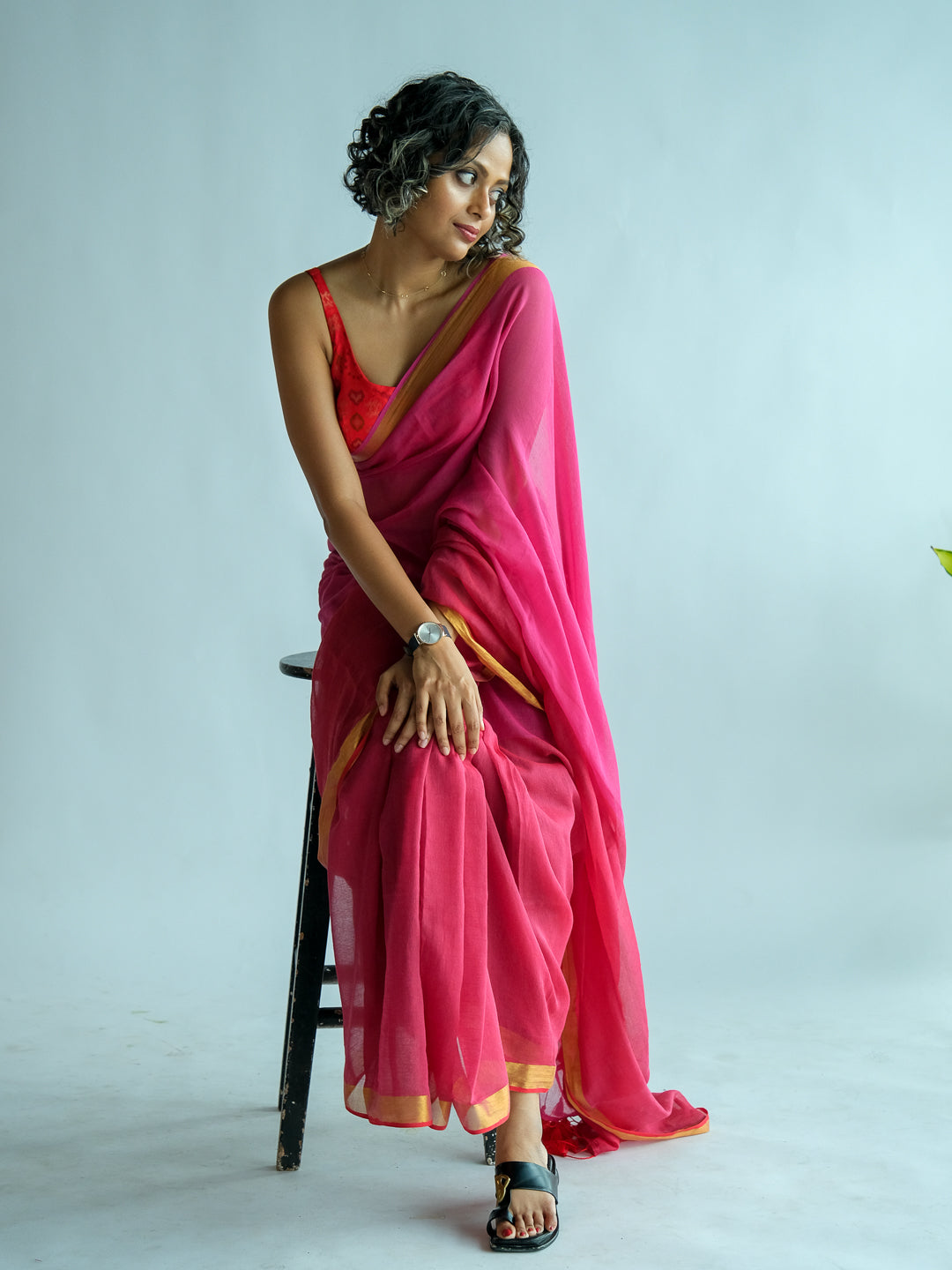 Women's Pink Cotton Blend Saree