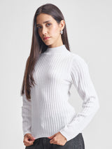 Women's White Casual Self-Design Full Sleeves Sweater