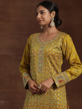 Women's Mustard Ethnic Motif Zari Embellished Short Kurta With Palazzos and Dupatta