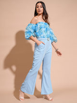 Women's Blue Party Floral Half Sleeves Jumpsuit