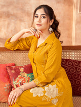 Women's Mustard and Cream Embroidered Chinon Co-Ord Set with Bold Flower Patchwork
