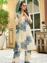 Women's Grey Abstract Floral Long Shirt Kurta Set