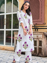 Women's White and Lavender Floral A-Line Kurta Set