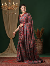 Women's Crepe Red Printed Designer Saree With Blouse Piece