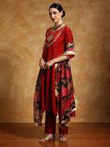 Women's Zari Embroidered Yoke Anarkali Kurta With Trouser & Dupatta