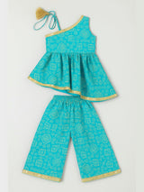 Girls Blue Cotton Ethnic Festive Kurta Set