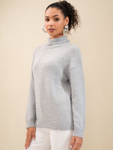 Women's Grey Casual Solid Full Sleeves Sweater