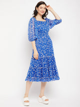 Women's Cobalt Blue Square Neck Floral Printed Smocked Tie Chiffon Fit & Flare Midi Dress