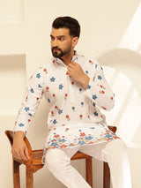 Men's White Cotton Daman Print Long Kurta with Krochet Embroidery