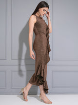 Women's Brown Party Embellished Ruffled Maxi Dress