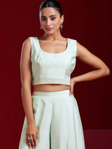 Women's Sea Green Solid Crop Top and Wide Leg Palazzos With Short Jacket