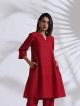 Women's Red Slub Kurta Co-ord Set
