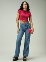 Women's Pink Casual Fitted Solid Top