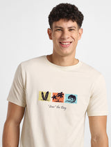 Men's Beige Half Sleeves Graphic Printed Cotton Tshirt