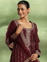 Women's Maroon Ethnic Motif Zari Embroidered Kurta With Lining & Trouser With Dupatta