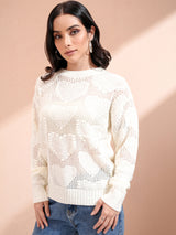 Women's White Casual Self-Design Full Sleeves Sweater
