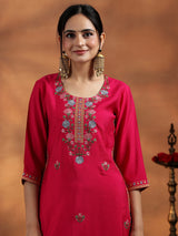 Women's Pink Floral Embroidered Straight Kurta with Solid Trouser and Poly Chiffon Self Design Dupatta