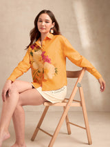 Women's Orange Oversized All Over Embellishment Printed Shirt