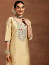 Women's Beige Silk Blend Yoke Design Kurta and Beige Silk Blend Solid Trouser with Both Side Pocket