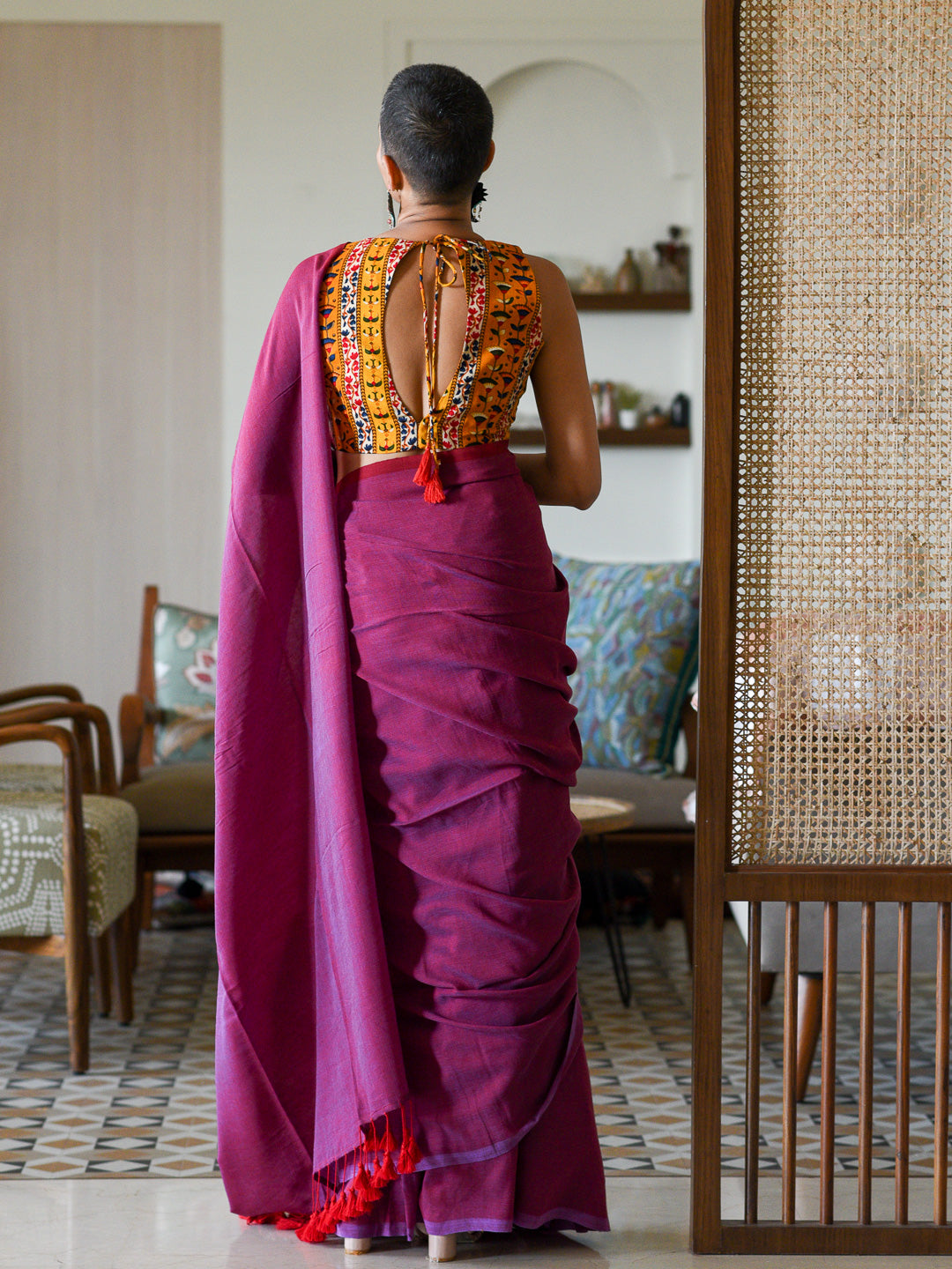 Women's Purple Cotton Blend Saree