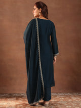 Women's Blue Ethnic Motif Embroidered Straight Kurta with Solid Trouser and Embellished Dupatta