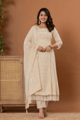 Women's Floral Embroidered Panelled Mirror Work Pure Cotton Kurta With Trousers & Dupatta