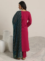 Women's Red Floral Self Design Straight Kurta with Solid Salwar and Self Design Chiffon Dupatta