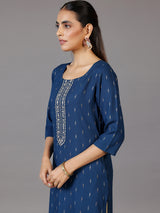 Women's Women Blue Floral Yoke Embroidered Cotton Blend Kurta with a Pocket