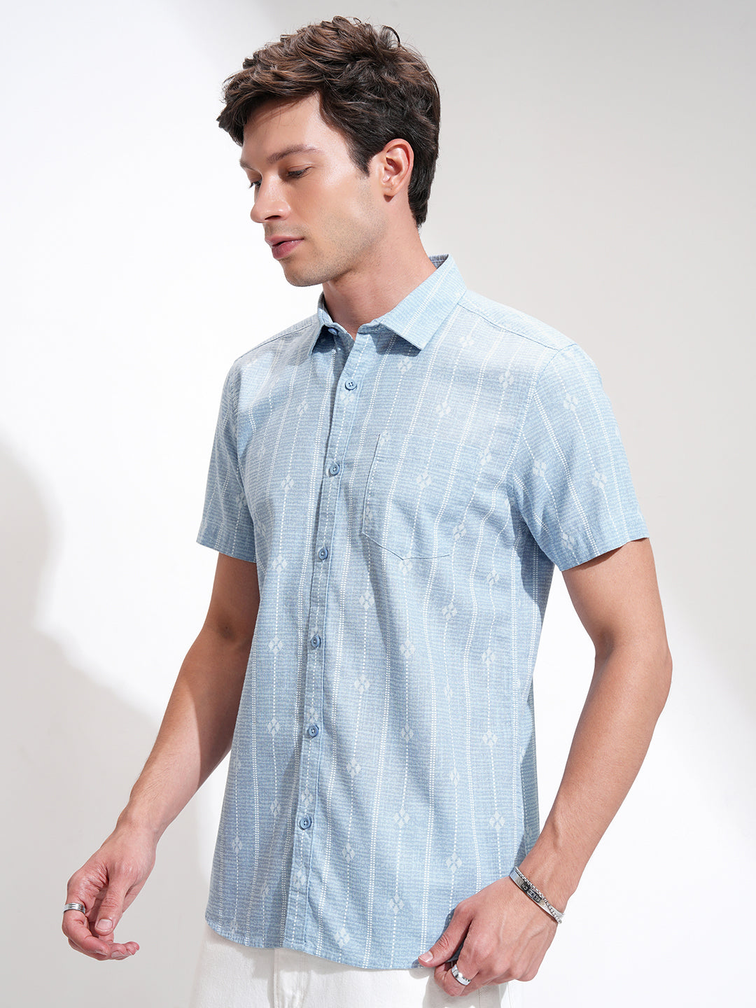 Men's Blue Casual Striped Half Sleeves Shirt