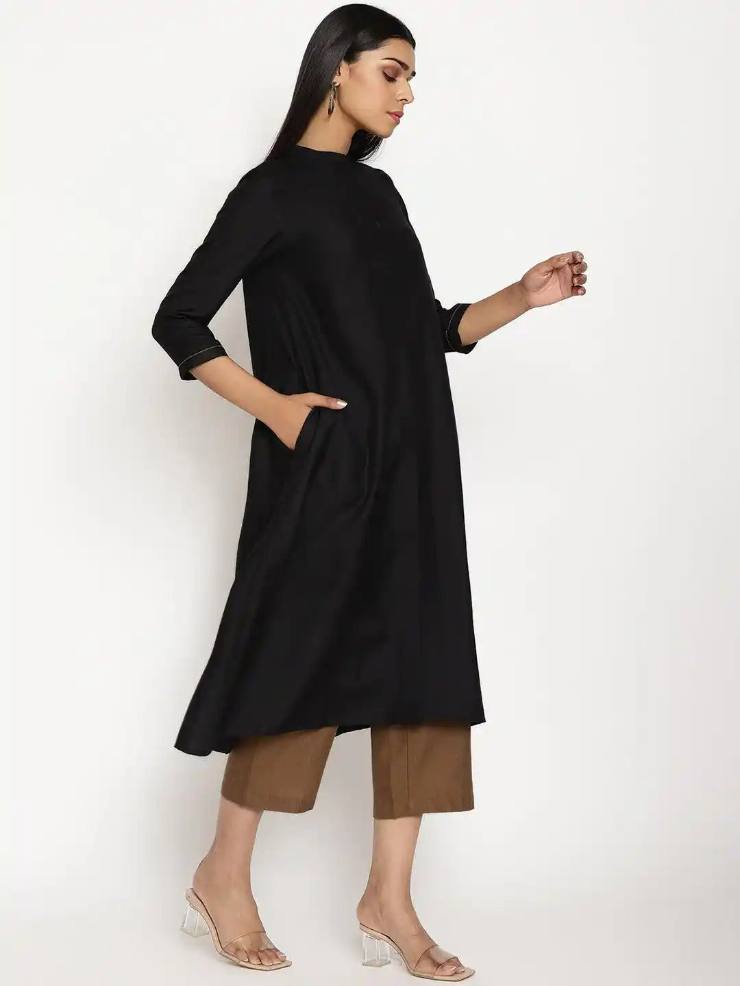 Women's Black Cotton Linen Kurta Pant Set