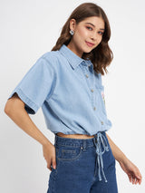 Women's Light Blue Casual Half Sleeve Graphic Print Cotton Shirt