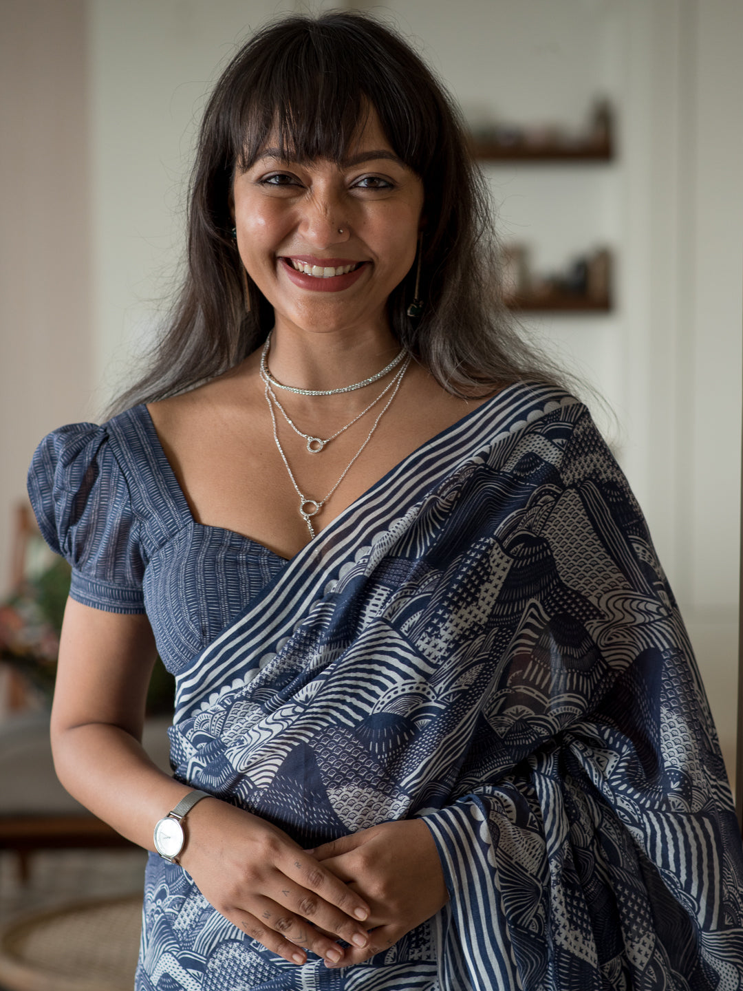 Women's Blue Cotton Viscose Saree