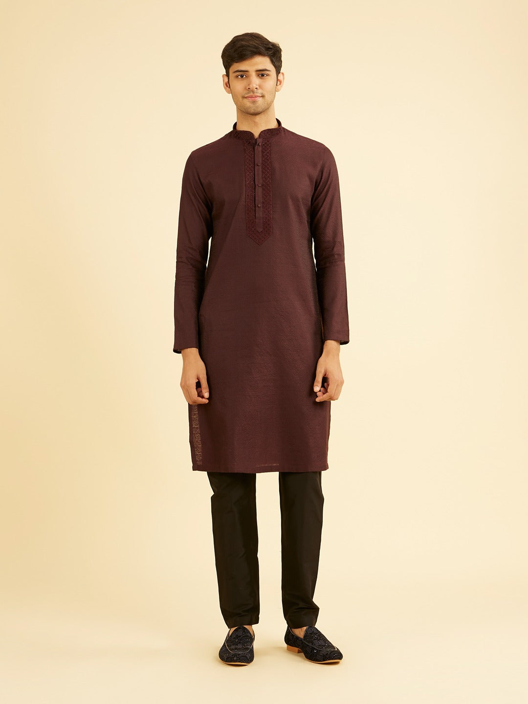 Men's Brown Ethnic Relaxed Fit Embroidered Full Sleeves Kurta Set