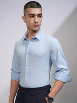 Men's Blue Casual Slim Fit Cutaway Collar Textured Cotton Formal Shirt