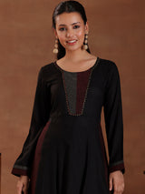 Women's Black Self Design Panelled a-line Kurta With Lining and Solid Trouser