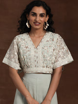 Women's Green Floral Embroidered Georgette Crop Top with Embroidered Hem Palazzo and Solid Dupatta