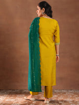Women's Yellow Floral Embroidered Straight Kurta with Solid Trouser and Embellished Dupatta