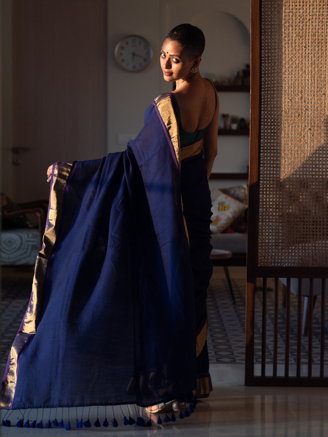 Women's Blue Cotton Blend Saree