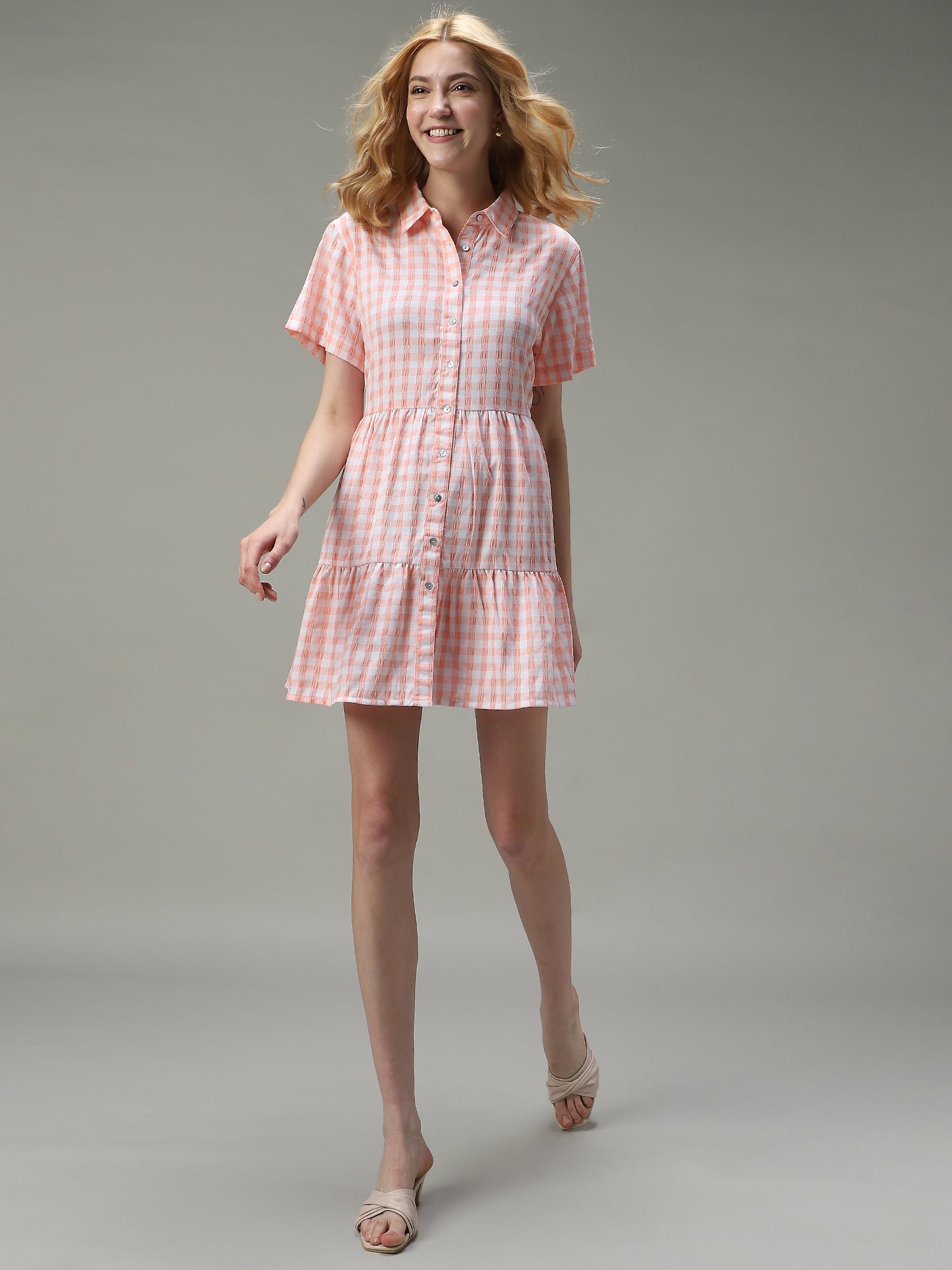 Women's Pink Casual A-Line Checked Dress