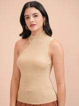 Women's Beige Casual Self-Design Sleeveless Sweater
