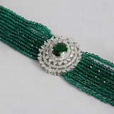 Women's Rhodium Plated CZ Sparkling Multi-Layered Bracelet with Emerald Beads