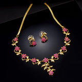 Women's Gold Plated Traditional Flower Designer Necklace Set with Ruby Stones
