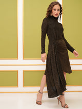 Women's Olive Green Party Self Design High Neck Bodycon Dress