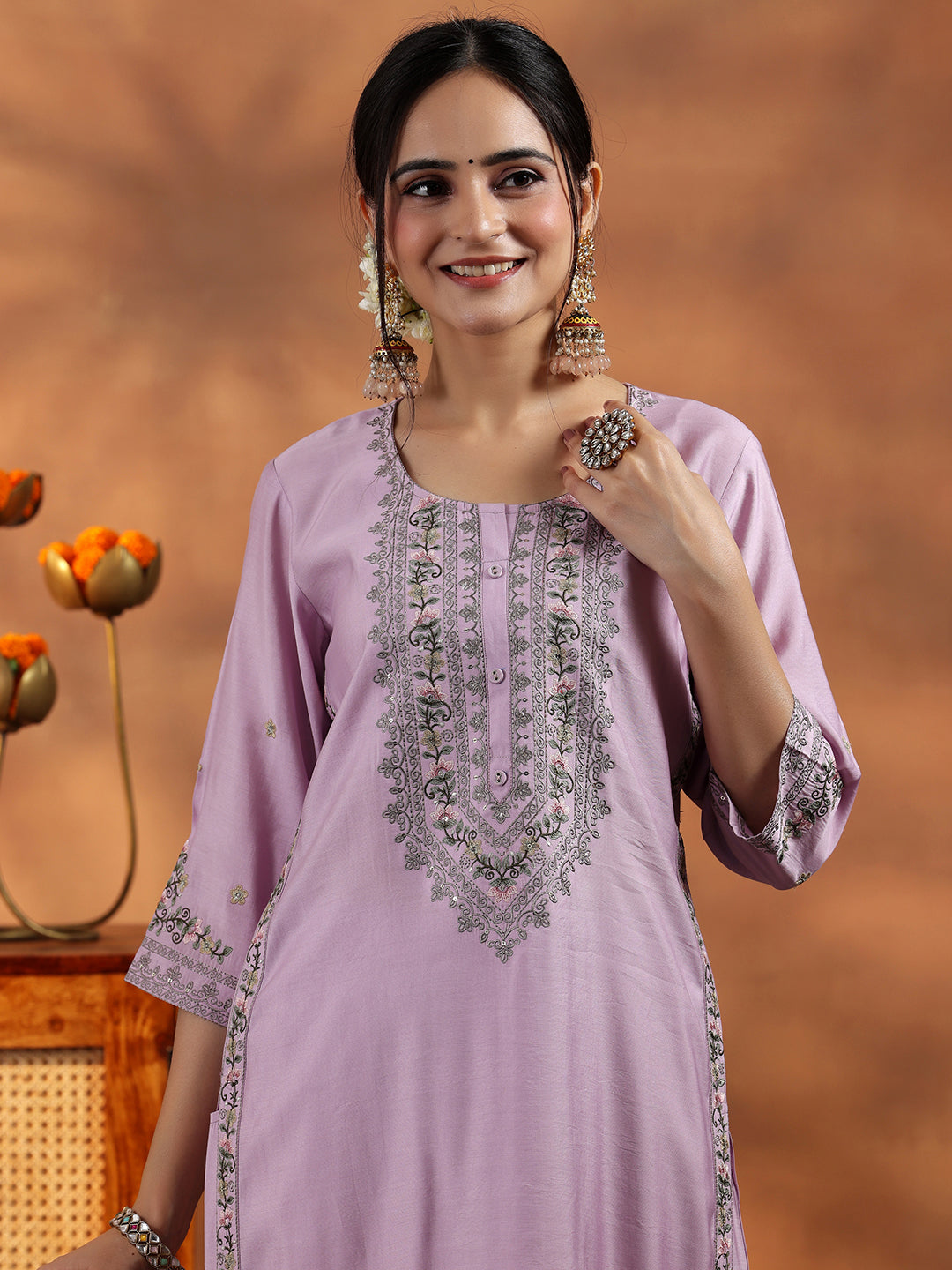 Women's Purple Floral Embroidered Straight Kurta with Solid Trouser and Poly Chiffon Self Design Dupatta
