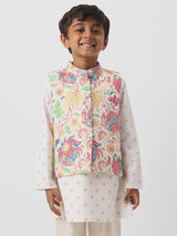 Boys White Cotton Sewn on Pocket Square Kurta Set with Printed Nehru Jacket